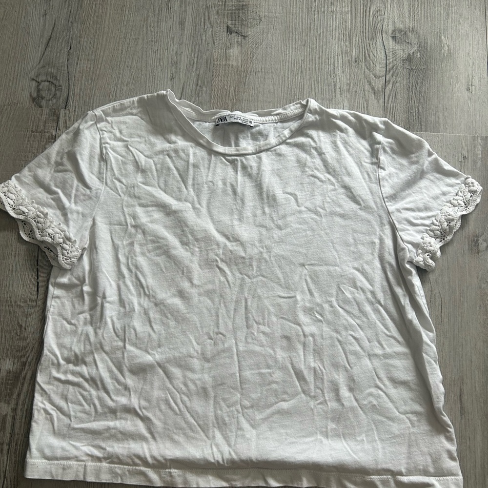 Zara White Short Sleeve Top with Lace Detail